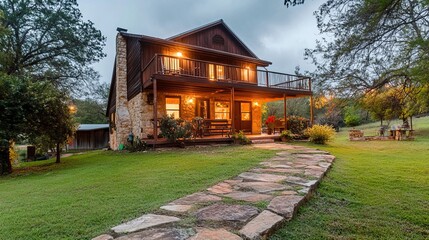 Nestled in Texas, this grand ranch house boasts a stately two-story stone exterior, a wraparound porch, stunning evening lights, and broad green lawns, embodying rustic elegance in a luxurious