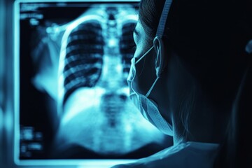 Healthcare professional reviewing chest X-ray for diagnosis in a medical facility