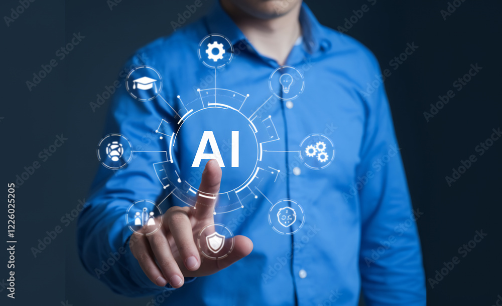 Poster AI-Powered Business Solutions: Streamlining Workflows with Smart Automation and Intelligent Chatbots. A businessman utilizes AI software for efficient task     