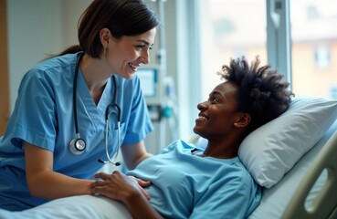 Fototapeta premium Friendly nurse smiles comforting patient in hospital bed. Woman patient, doctor looks happily at. Positive atmosphere, hope in recovery process. Medical care, health in hospital room. Medical pro,