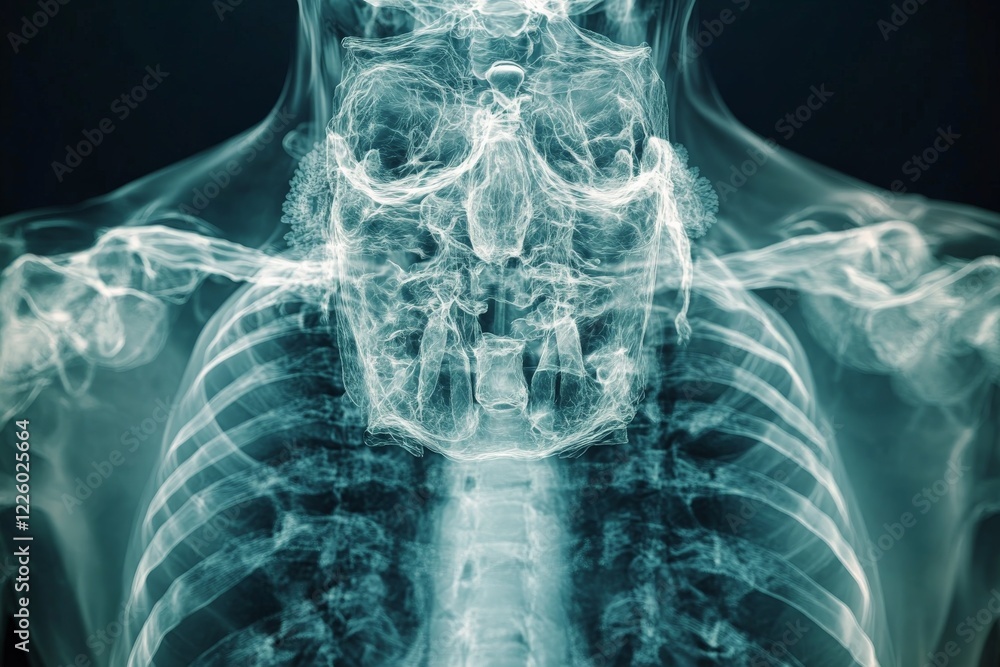 Poster radiographic view of human chest showing skeleton and internal organs in detail