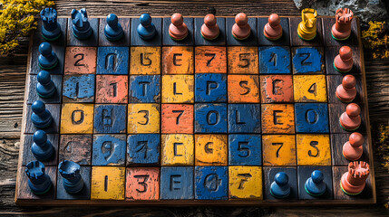 Rustic wooden chessboard game, outdoors, nature background