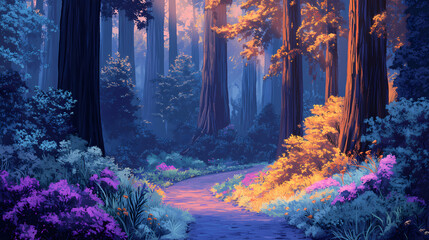 Winding path through majestic redwood forest. Majestic Grove. Illustration