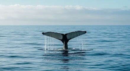 Fototapeta premium Majestic humpback whale tail flukes in calm blue ocean water. Marine mammal.