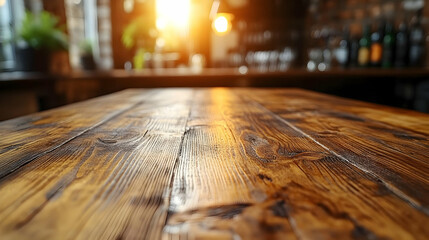 Rustic wooden table in a bar, sunlit background, product placement