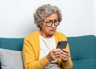 Confused senior woman in eyeglasses squinting eyes, try to read message on cellphone, having problems with vision, sitting on couch at home