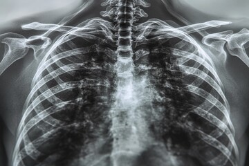 Detailed view of human ribcage and spine in medical imaging revealing skeletal structure and health condition