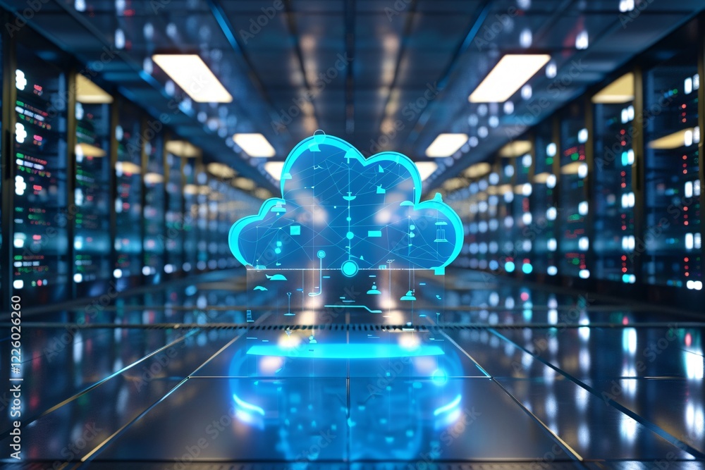 Poster Illuminated cloud computing technology in a server room datacenter