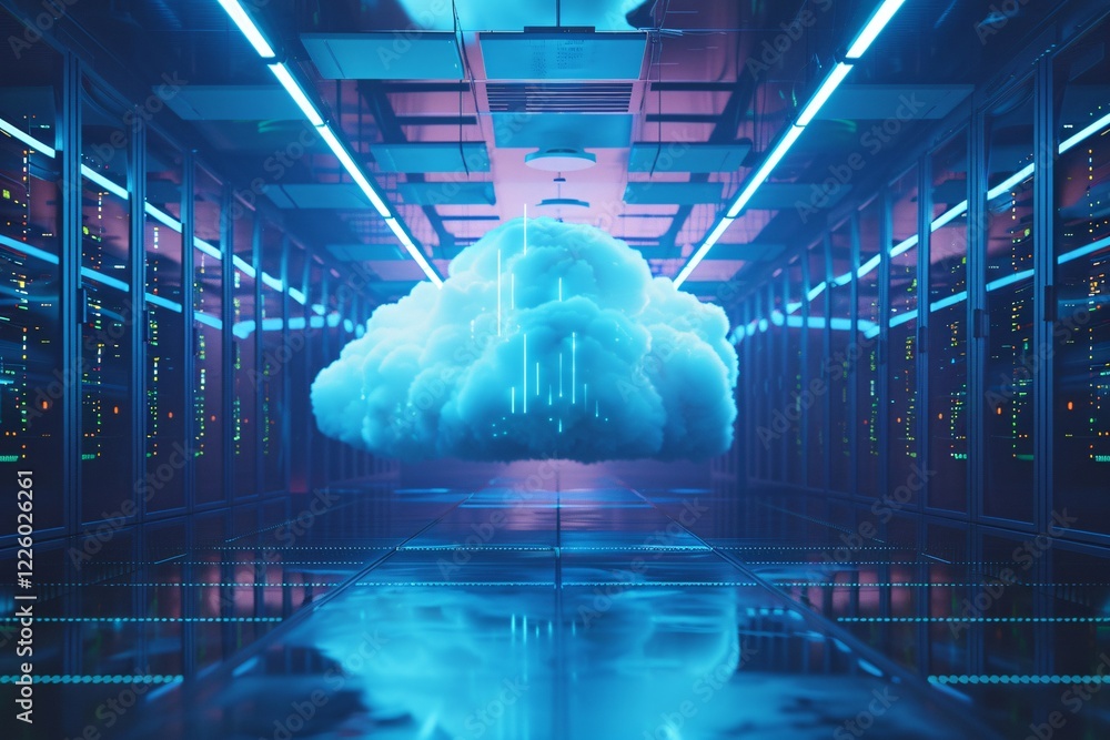 Aufkleber Blue cloud shining above a modern data center with server racks, representing cloud computing and data storage
