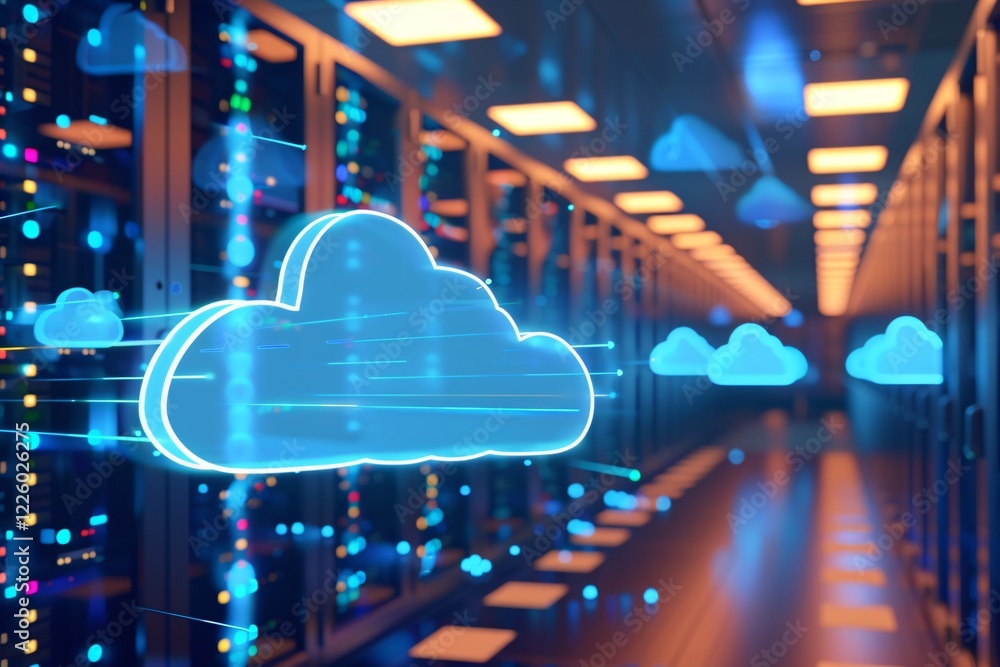 Poster Servers in data center transferring data to cloud computing network, enabling digital information storage to be scalable and flexible