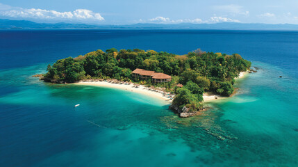 A tranquil island getaway offers white sandy beaches and crystal-clear waters.