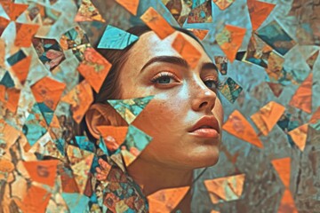 Woman's face surrounded by colorful shattered glass fragments, symbolizing beauty and complexity