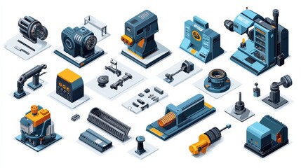 Collection of industrial machinery and components displayed on a clean surface with tools nearby