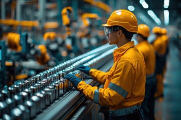 Workers in orange uniforms monitoring production line in factory during daytime operations