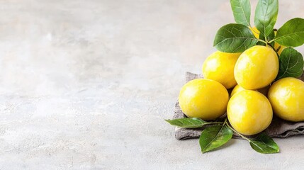 Ripe yellow plums on grey napkin, kitchen counter background. Food photography for cookbook or website