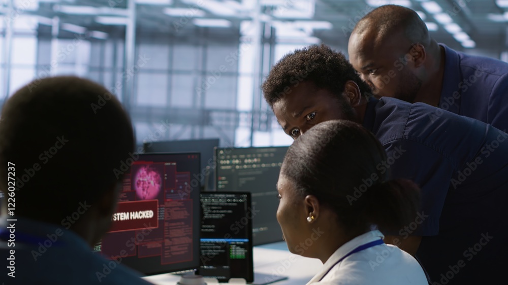 Poster team of engineers in server hub trying to protect gear from hacker stealing sensitive information. d