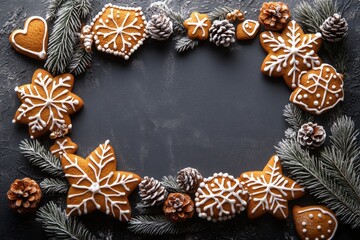 Festively decorated gingerbread cookies arranged around a dark surface with pinecones and greenery