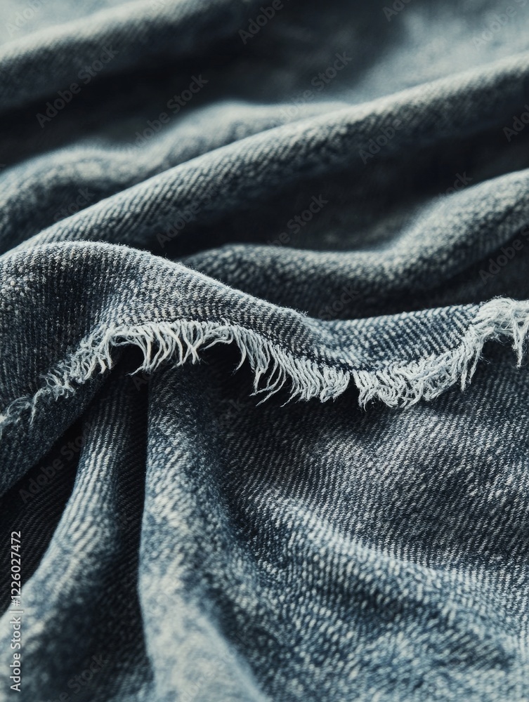 Poster close-up view of soft, worn denim fabric with intricate texture details showcasing natural fraying a
