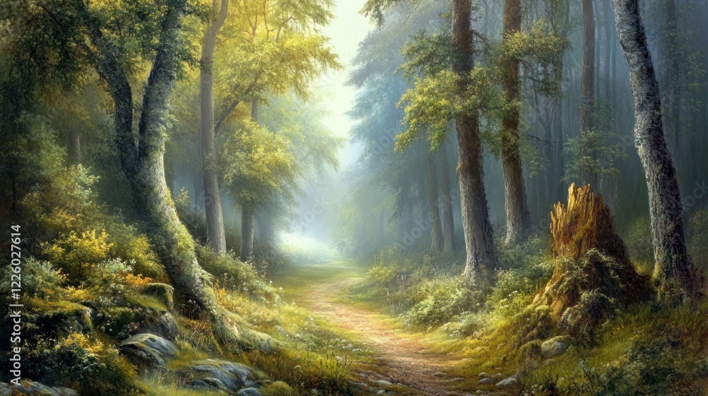 Poster enchanted forest path with sunlit fog and ancient trees inviting a peaceful walk