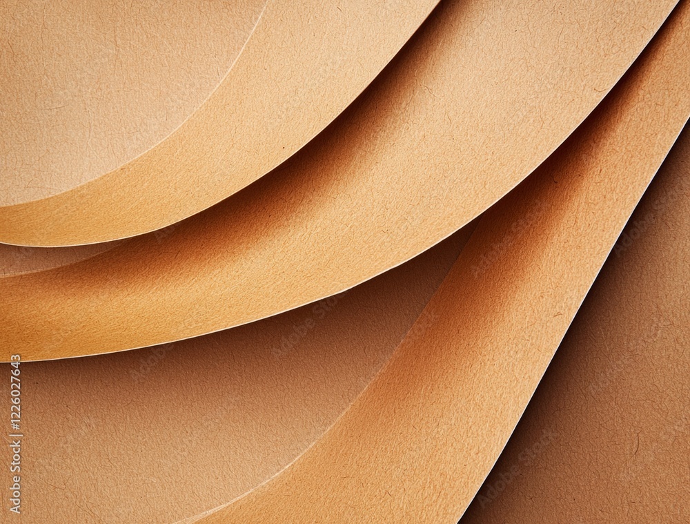 Poster close-up of curved sheets of brown recycled paper creating an abstract design, emphasizing texture, 