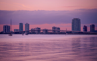 city skyline at sunset bridge key Biscayne road 