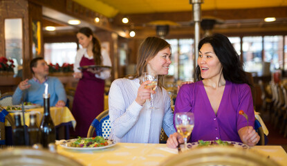 Meeting of two happy girlfriends at dinner in a restaurant