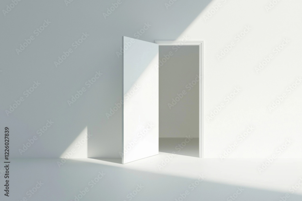 Poster sunlight is streaming through an open white door into an empty white room, creating contrasting ligh