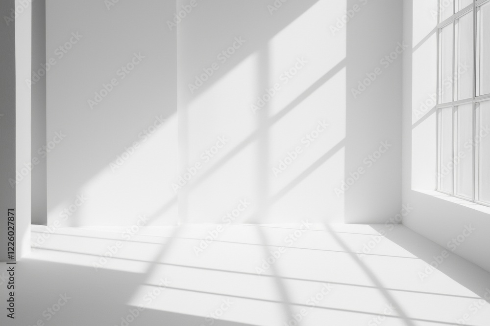 Poster sunlight streaming through a large window fills an empty white room, casting striking shadows across