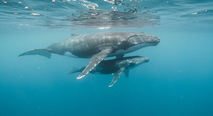 Fototapeta premium Majestic large humpback whale swimming with its calf underwater in clear blue ocean, concept for marine life conservation, oceanographic research and wildlife documentary