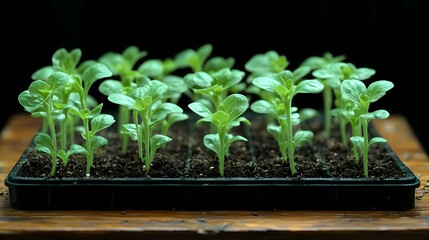 Seedlings sprouting in a tray on wood, dark background, for gardening blogs