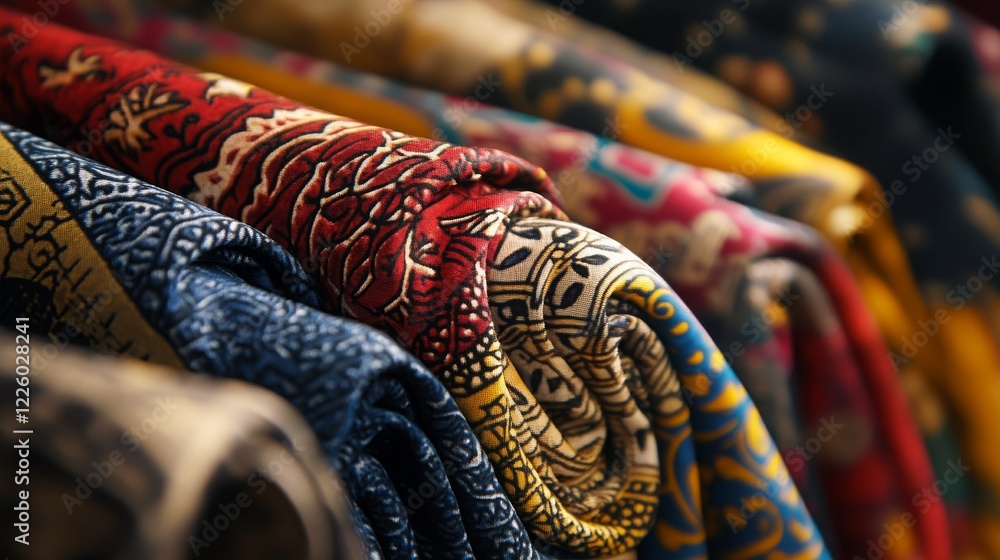 Poster close-up view of colorful rolled fabrics with intricate patterns displayed in a vibrant textile stor
