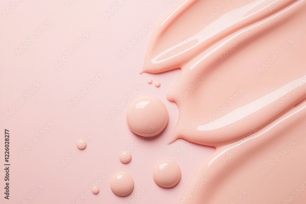 Poster foundation makeup smears and drops of various sizes are creating an abstract pattern on a pink backg