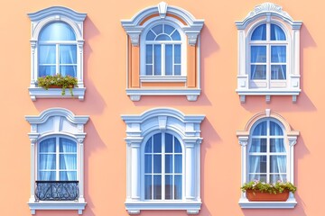 Obraz premium Colorful facade featuring elegant windows with planters against a pastel wall in a vibrant urban setting