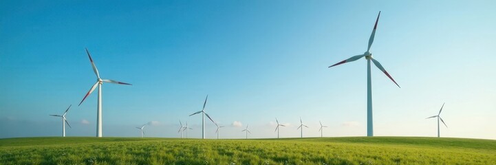 Giant wind turbines rotate against a blue sky , horizon, alternative energy