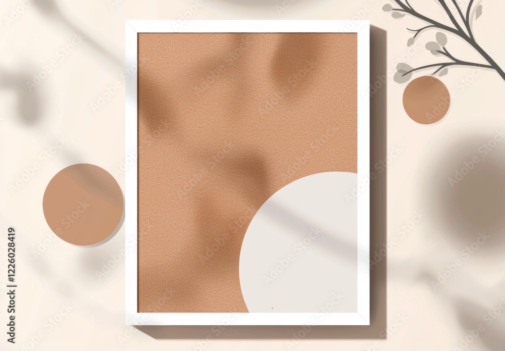 Poster minimalist styled frame mockup featuring a white frame with a textured brown background, leaf shadow