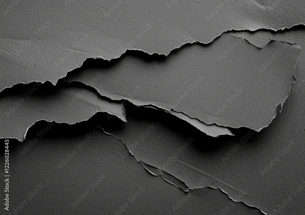 Poster abstract composition featuring layers of torn black paper, creating intriguing shapes and dramatic s