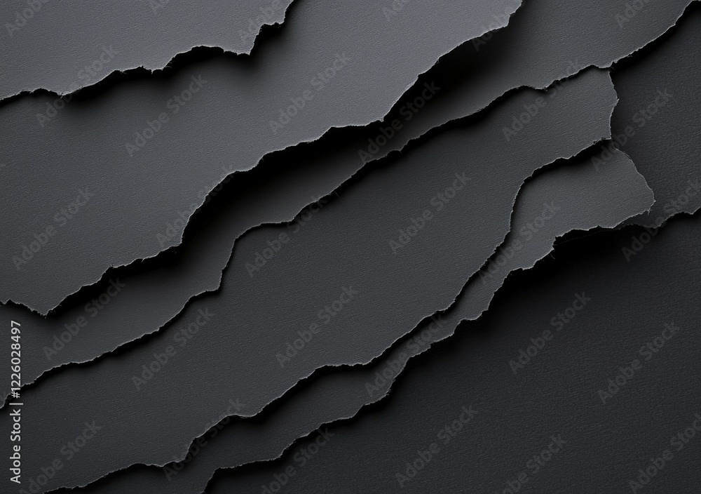 Poster ripped black textured paper forms abstract layers, casting intriguing shadows and creating a dramati