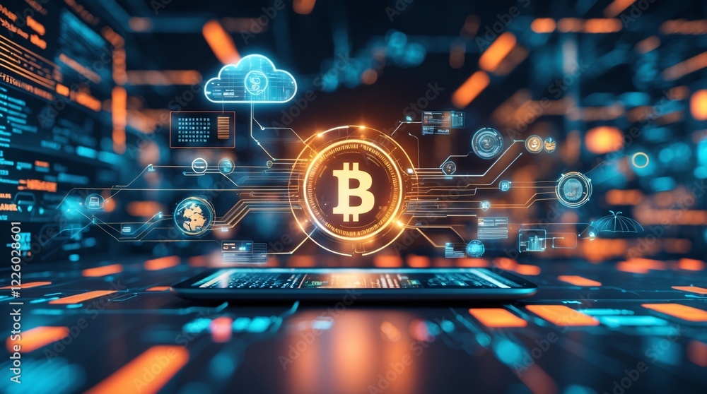 Poster bitcoin revolution: glowing bitcoin symbol hovers over a tablet, surrounded by futuristic digital da