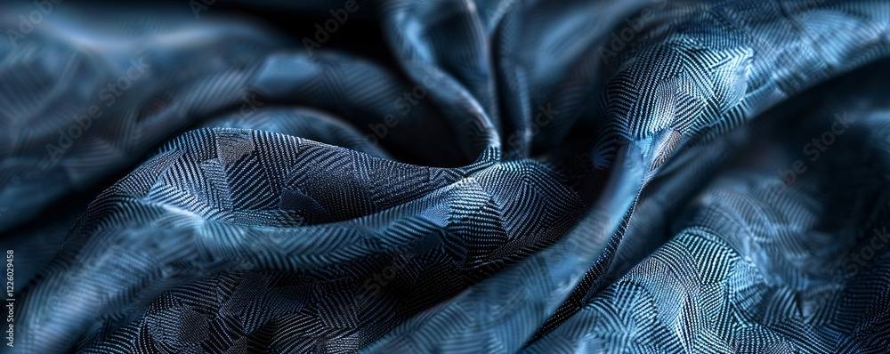 Poster dark blue fabric with geometric pattern flowing in soft folds, creating an elegant and luxurious bac
