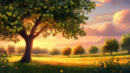 Lush orchard scene a majestic fruit tree laden with ripe, green fruit at sunset, surrounded by a tranquil field and other trees in a vibrant, idyllic landscape. Majestic Grove. Illustration