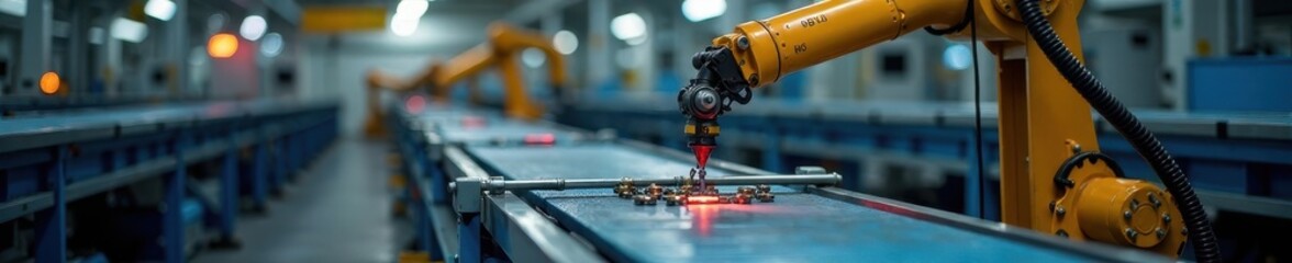 Robotic arm assembling parts on conveyor belt, mechanism, robotic process automation