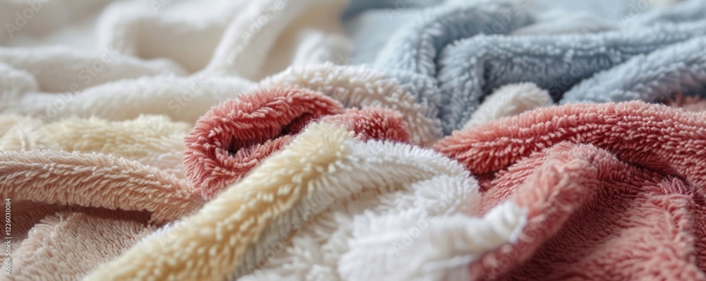 Poster soft and fluffy pastel-colored towels in closeup, creating a tranquil backdrop