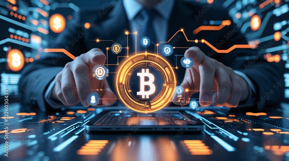 Poster cryptocurrency future: a close-up of hands interacting with a glowing bitcoin symbol, symbolizing th