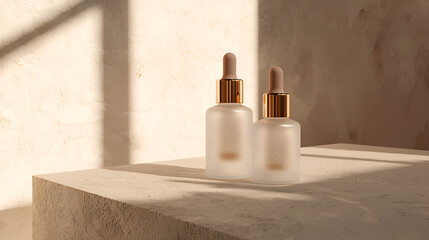 Two frosted glass bottles with gold accents sit on a neutral-toned surface, bathed in sunlight.
