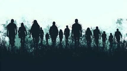 Naklejka premium Silhouetted figures walking, bleak landscape background, uncertainty, conceptual art