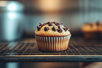 Freshly baked chocolate chip cupcake cooling on a wire rack in a modern kitchen setting