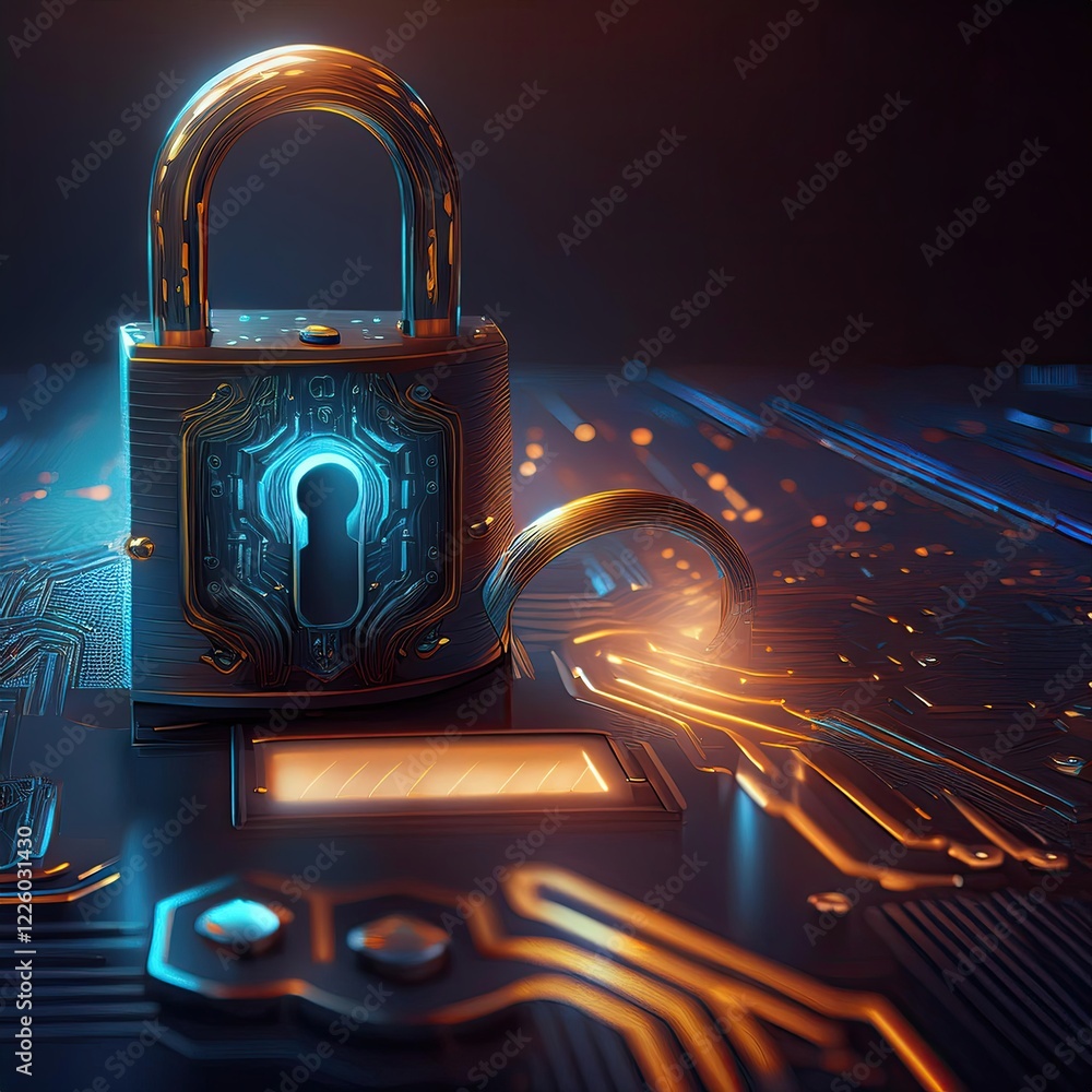 Poster digital lock icon representing cybersecurity concepts