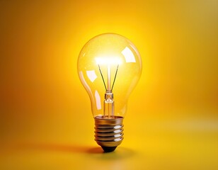 Single glowing light bulb stands on yellow background. Simple minimal design. Bright light source creates warm glow, inspires innovative ideas. Modern concept design for creativity, innovation.