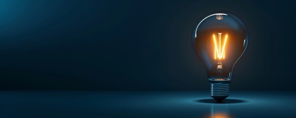 Lightbulb is glowing on a dark blue background, representing ideas, innovation and creativity