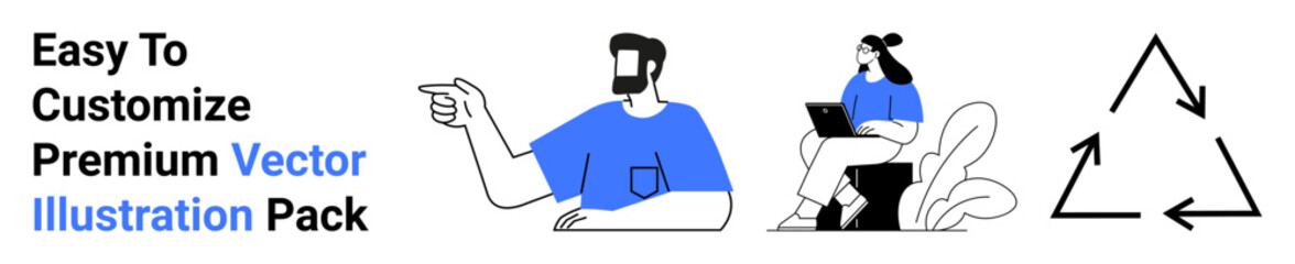 Man gesturing and woman using tablet on chair alongside a recycling triangle highlighting sustainability, teamwork, technology, communication, collaboration, education, flat landing page banner